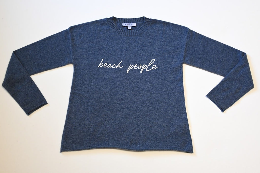 Ladies 100% Cashmere Rolled Hem Crew Neck Sweater Denim