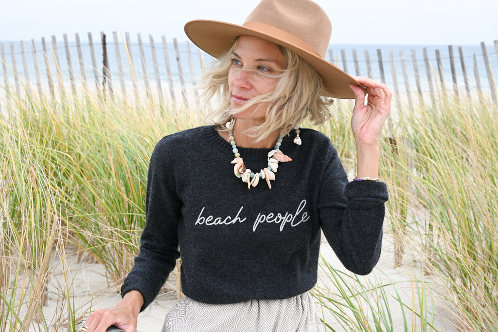 Ladies 100% Cashmere Rolled Hem Crew Neck Sweater Charcoal